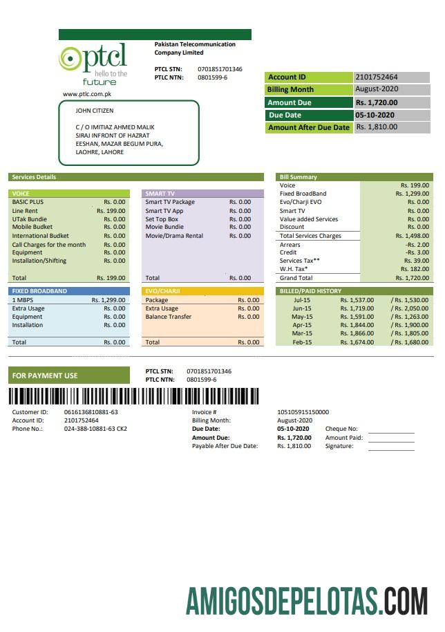 realista Modelo de conta de serviços públicos PTCL do Paquistão em formato Word e PDF